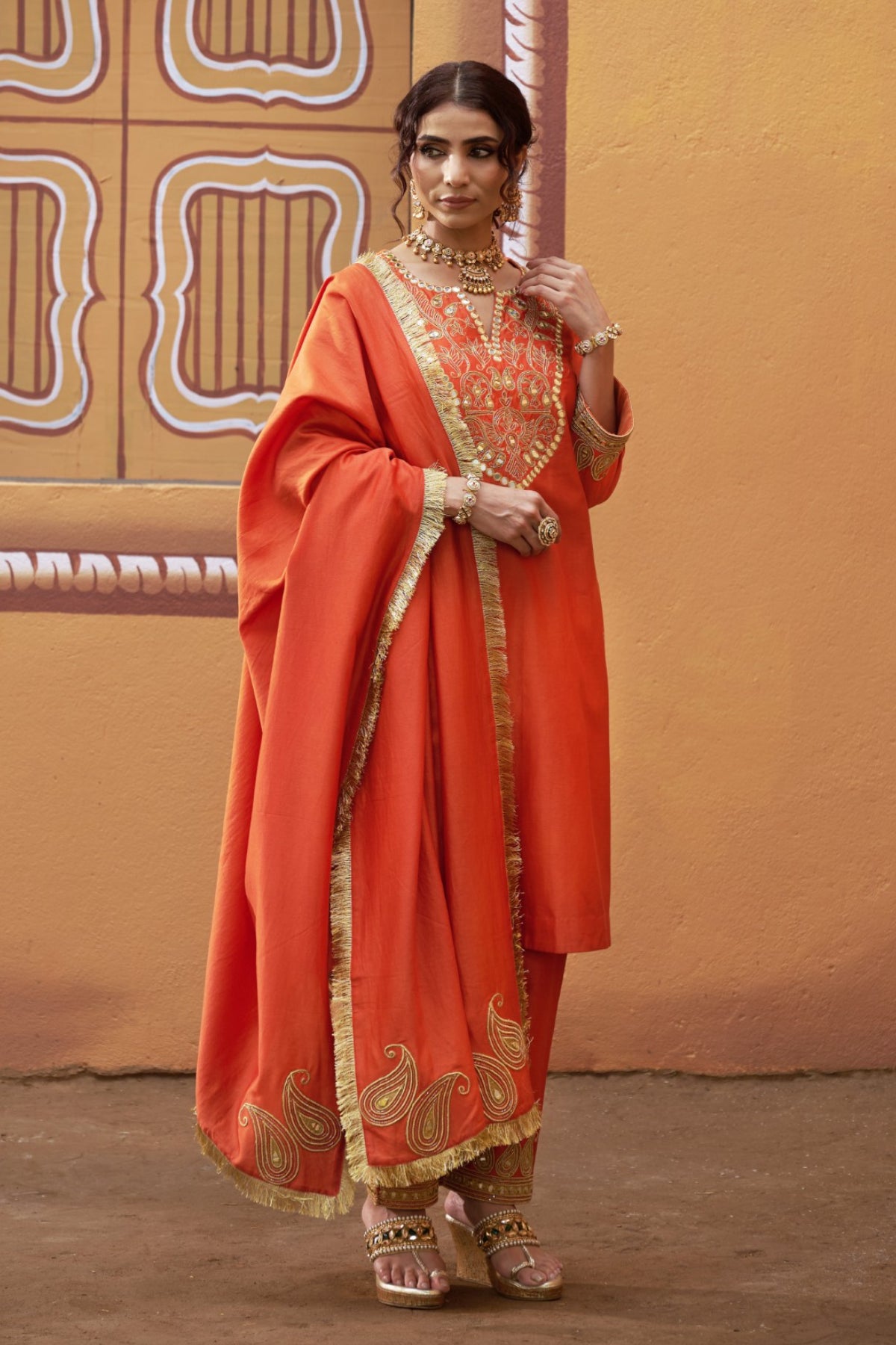 Hand embroidred katdana work kurta set with dupatta