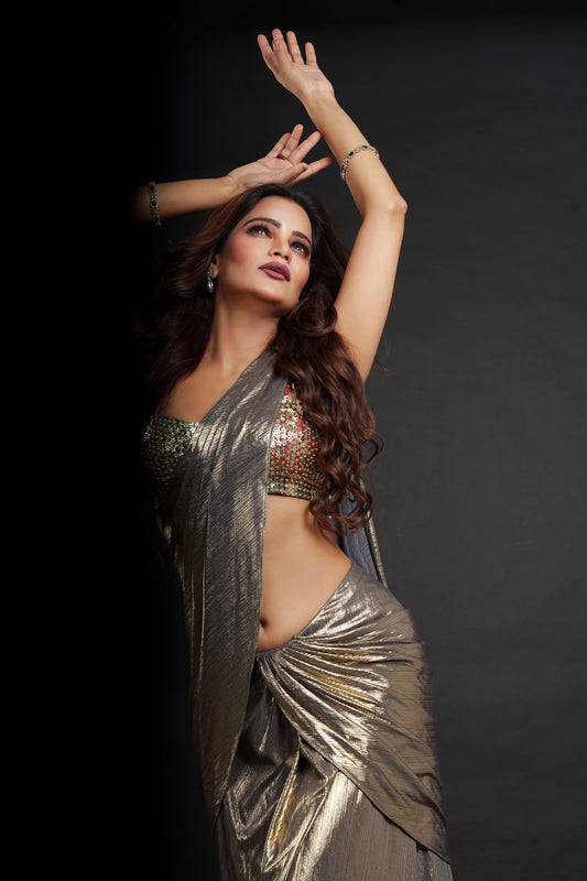 Archana Gautam in our Heavy Hand-Embroidered Blouse with Pre-Draped Gold Saree