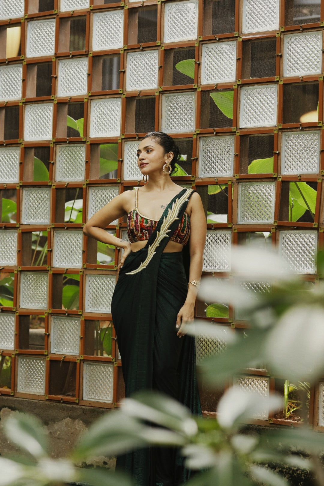 Maalavika Sundar in our Metallic Green Zardosi Hand-Embroidered Pre-Draped Saree Set