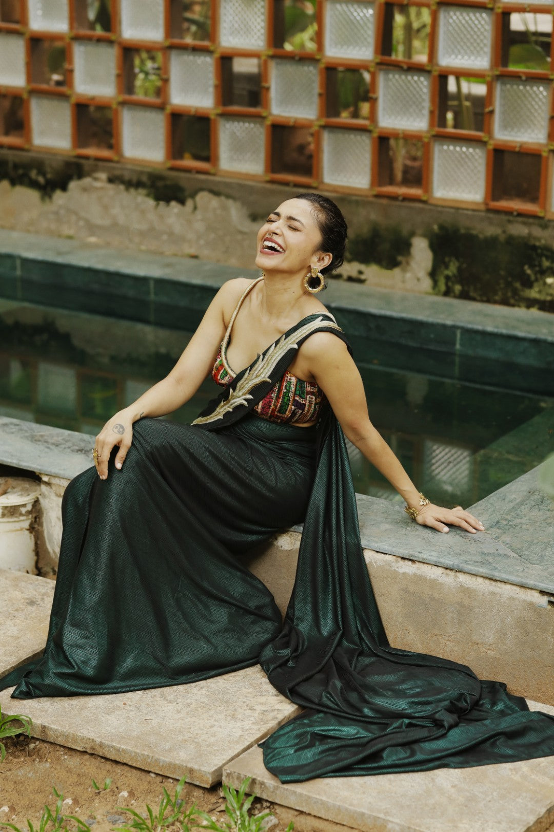 Maalavika Sundar in our Metallic Green Zardosi Hand-Embroidered Pre-Draped Saree Set