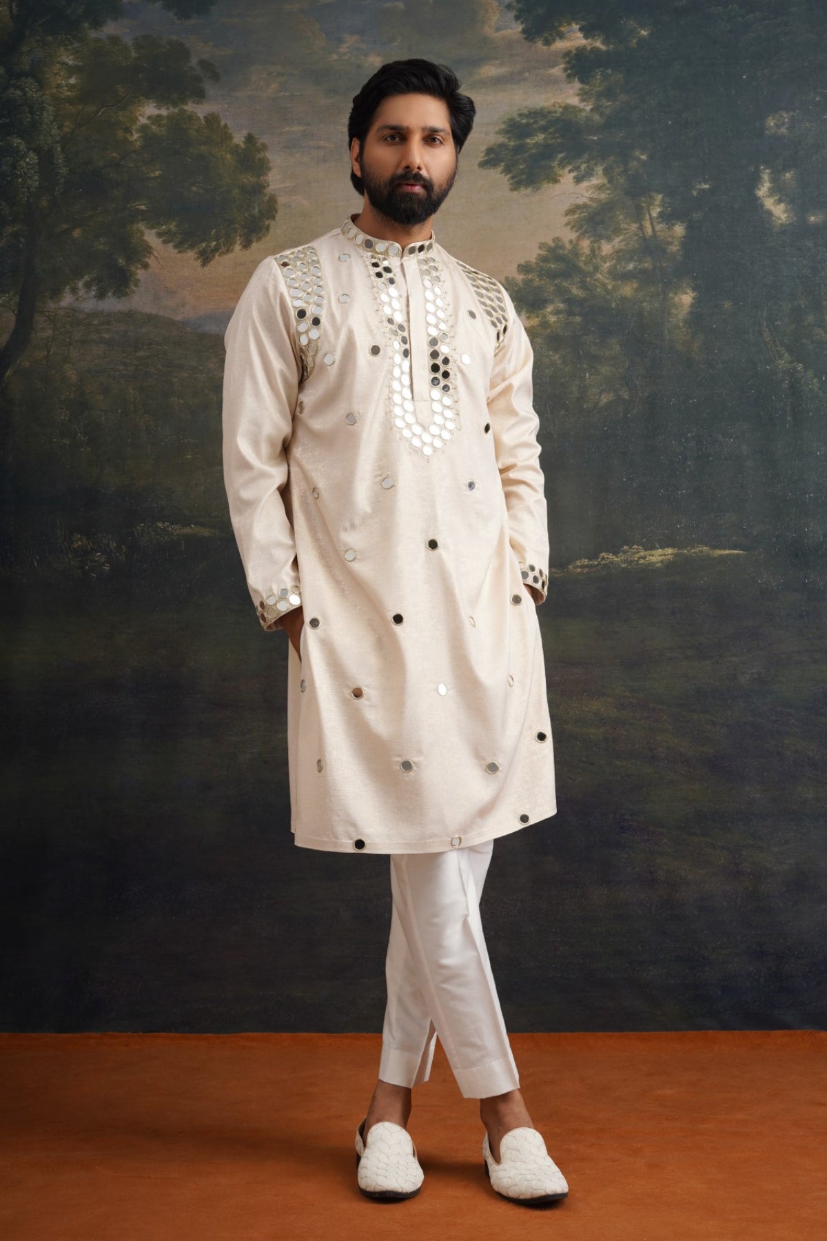 Ishaan Ivory Gold Hand Embroidered Round Mirror Work Kurta Set