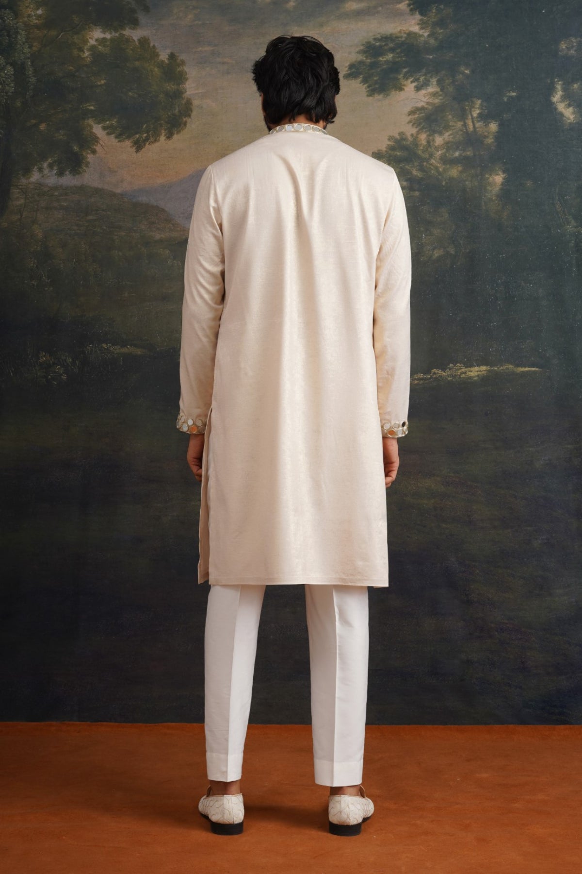 Ishaan Ivory Gold Hand Embroidered Round Mirror Work Kurta Set