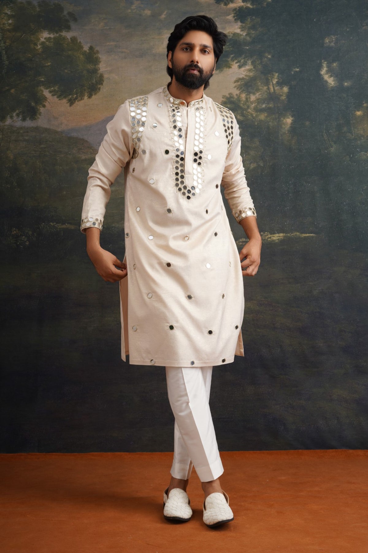 Ishaan Ivory Gold Hand Embroidered Round Mirror Work Kurta Set