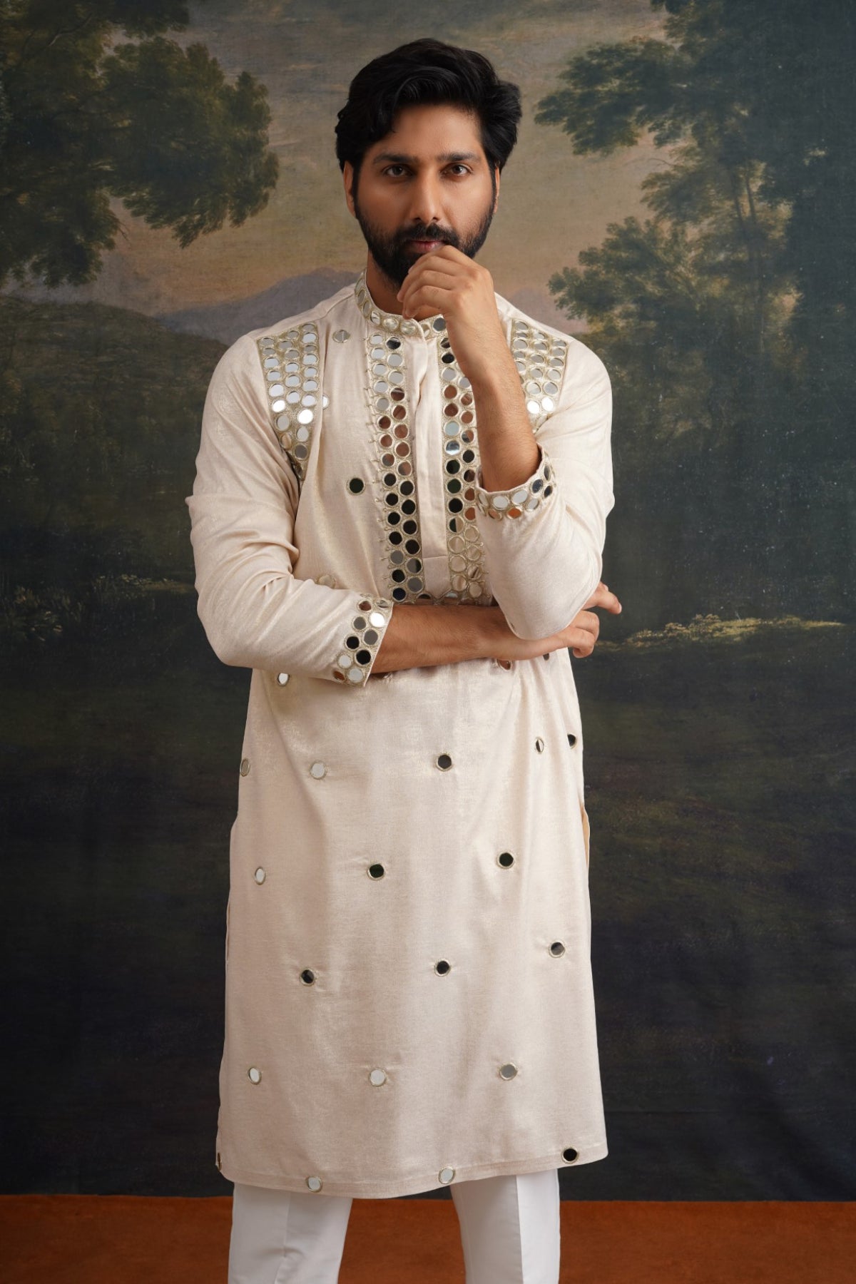 Ishaan Ivory Gold Hand Embroidered Round Mirror Work Kurta Set