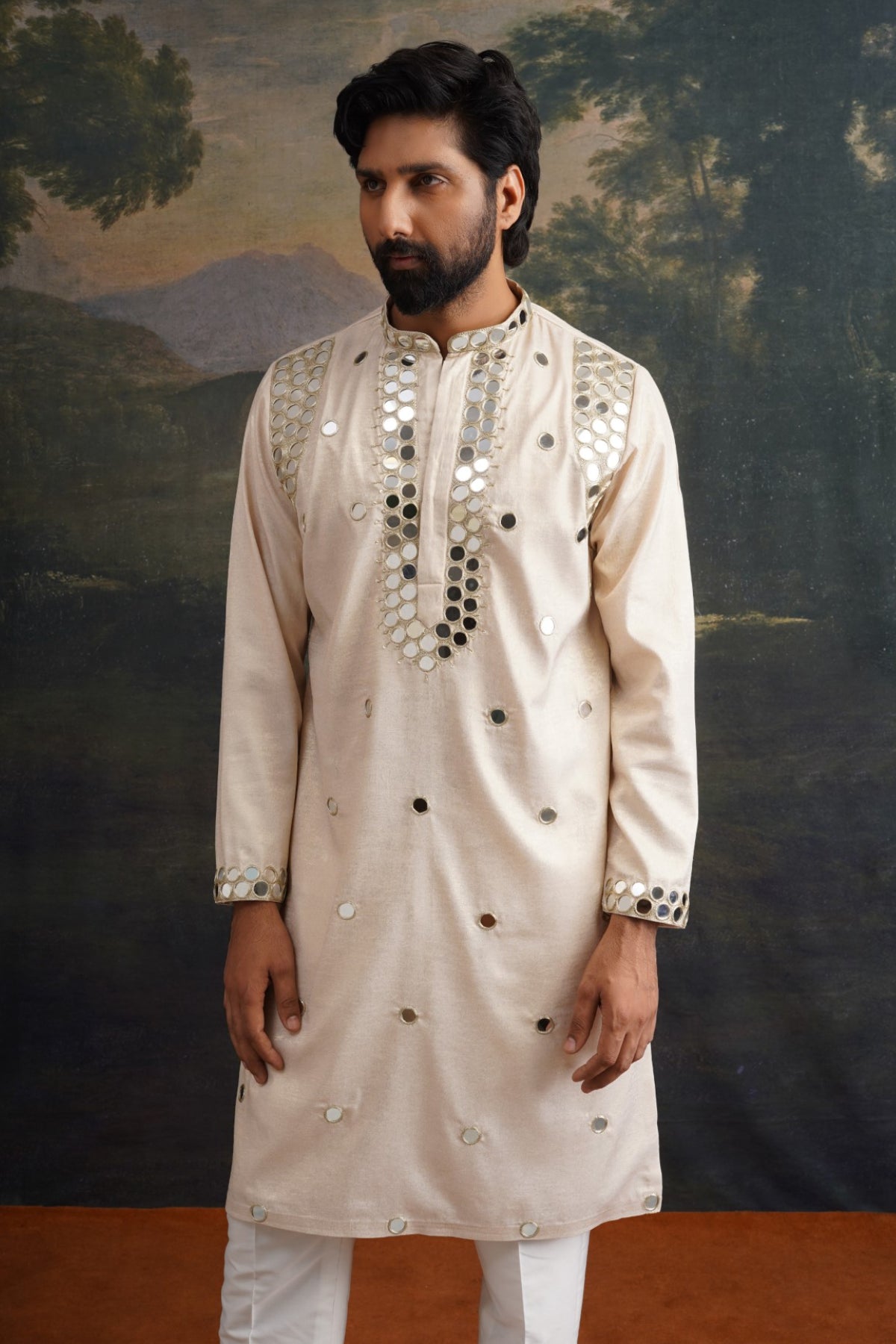 Ishaan Ivory Gold Hand Embroidered Round Mirror Work Kurta Set