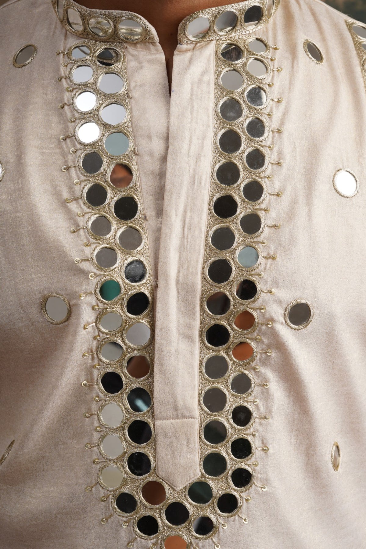 Ishaan Ivory Gold Hand Embroidered Round Mirror Work Kurta Set