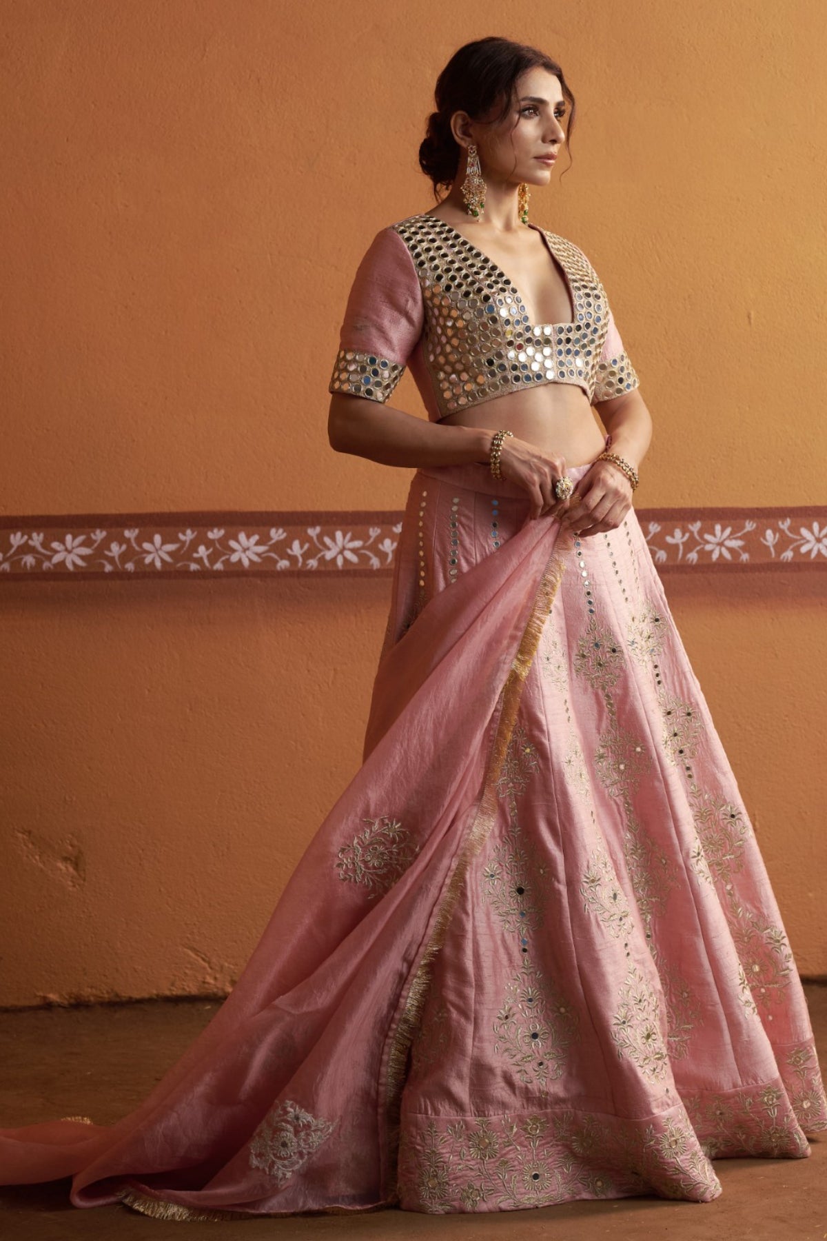 Komal - Blush Pink Hand-Embroidered Kalidar Lehenga Set