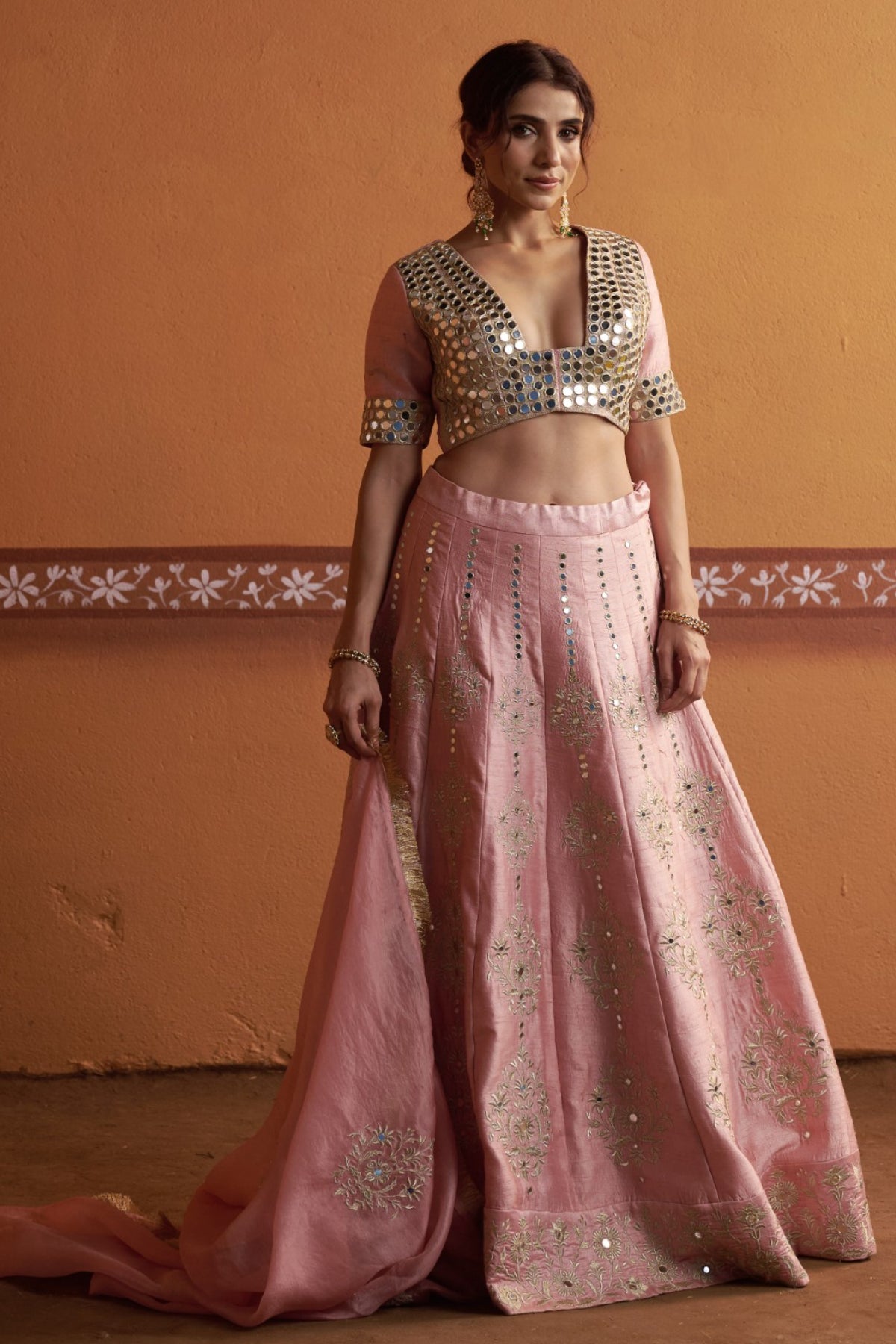 Komal - Blush Pink Hand-Embroidered Kalidar Lehenga Set