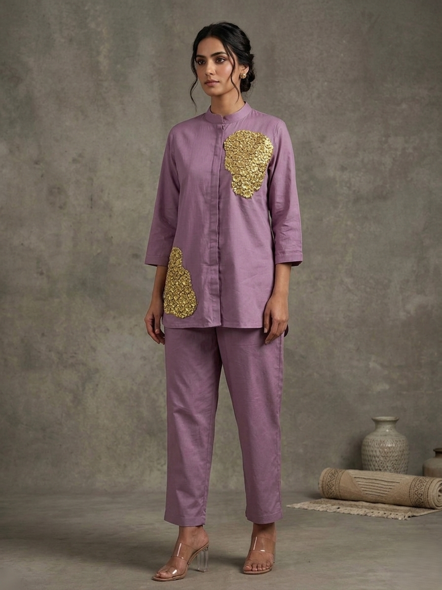 Golden Hour Lavender Hand-Embroidered Cotton Co-ord Set