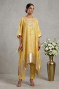 Marigold Whisper- Lemon Yellow Hand-Embroidered Chanderi Silk Kaftan Set