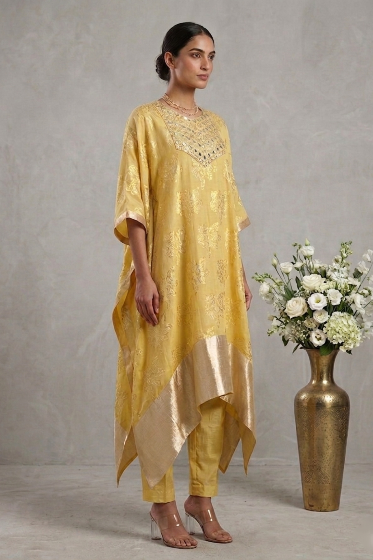 Marigold Whisper- Lemon Yellow Hand-Embroidered Chanderi Silk Kaftan Set