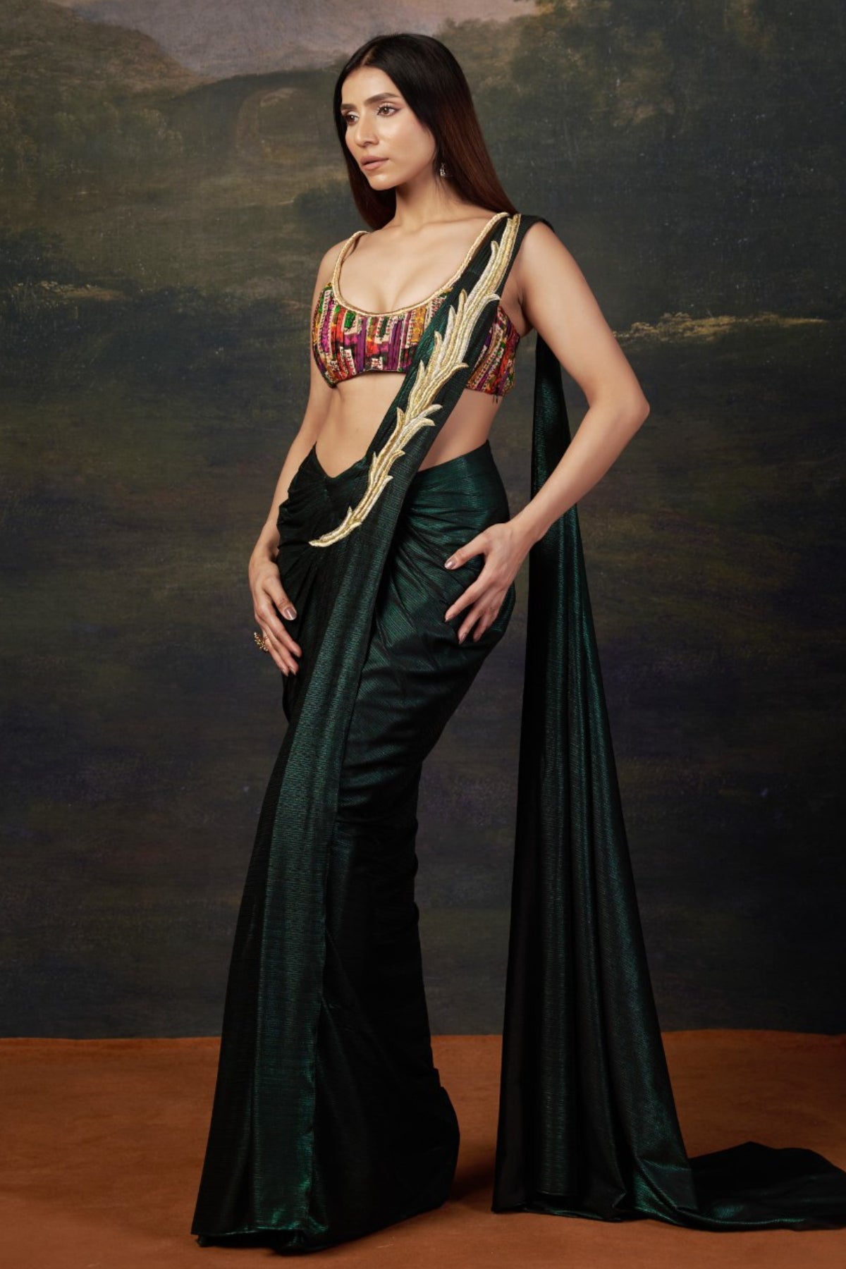 Mira - Green Intricate Handwork Pre-Draped Saree