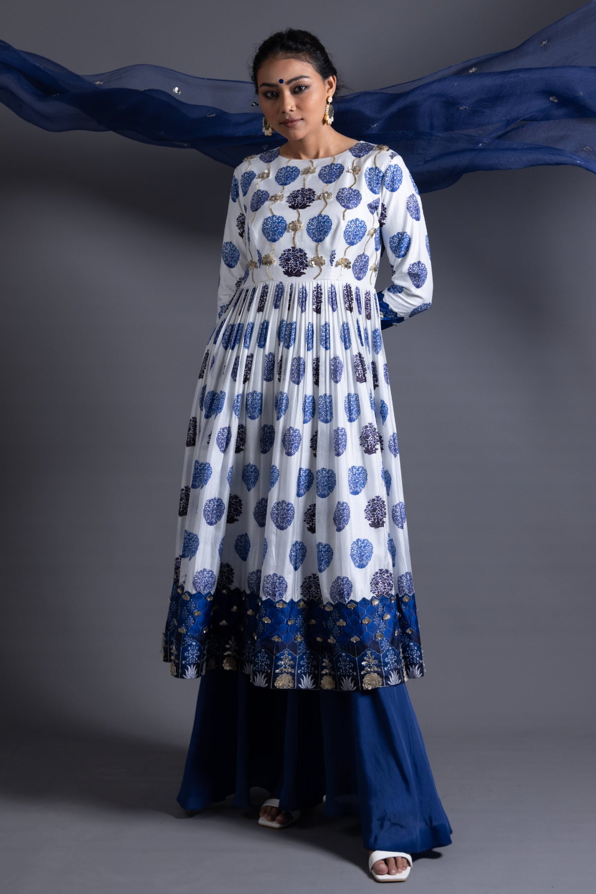 Mehr - Blue Hand-Embroidered Anarkali With Sharara & Dupatta