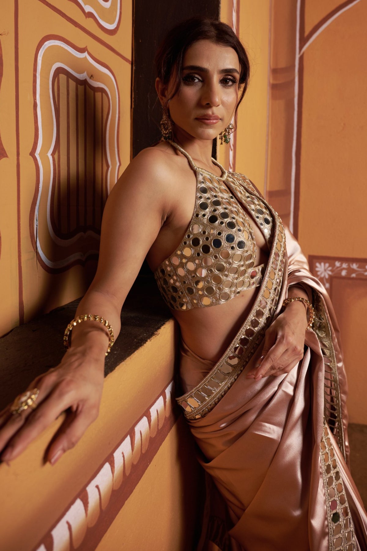 Mrida - Clay Tone Mirror Work Hand-Embroidered Saree Set