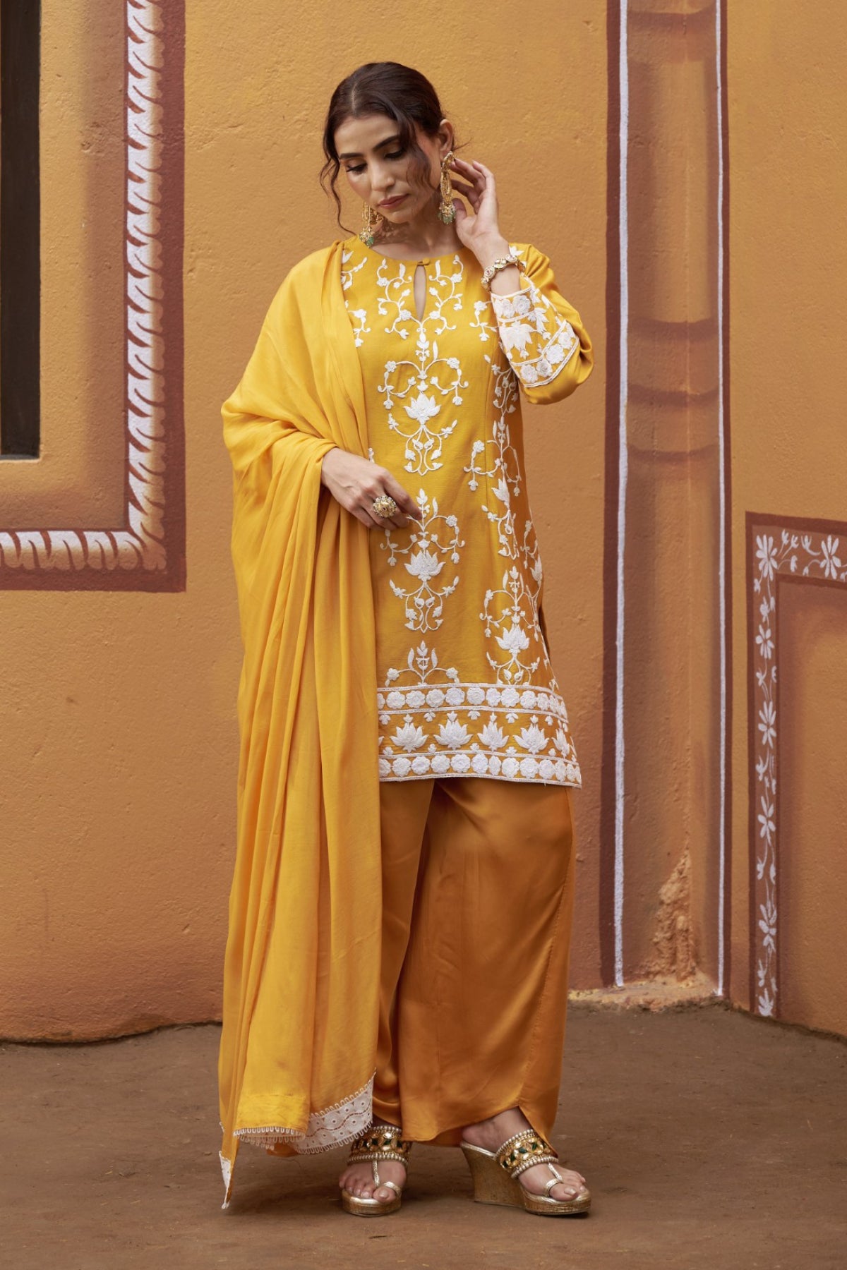 Mrinal Golden Yellow Lotus Motif Thread Work Kurta Set