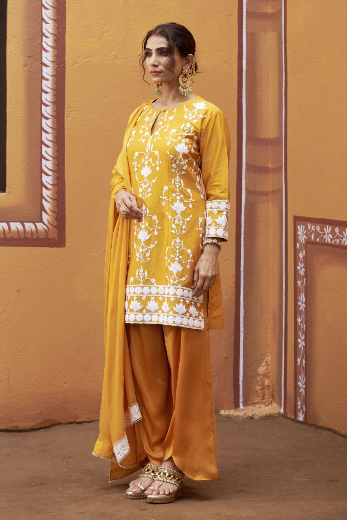 Mrinal Golden Yellow Lotus Motif Thread Work Kurta Set