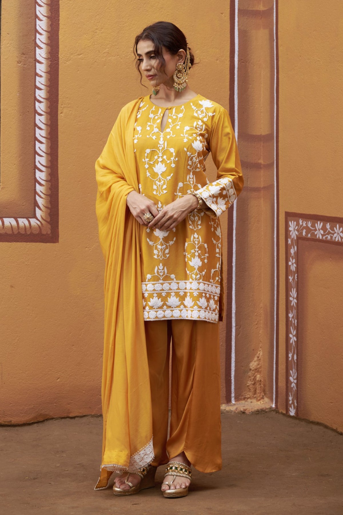 Mrinal Golden Yellow Lotus Motif Thread Work Kurta Set