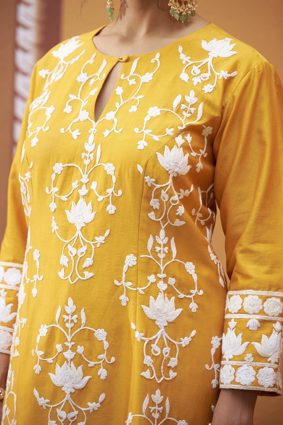 Mrinal Golden Yellow Lotus Motif Thread Work Kurta Set
