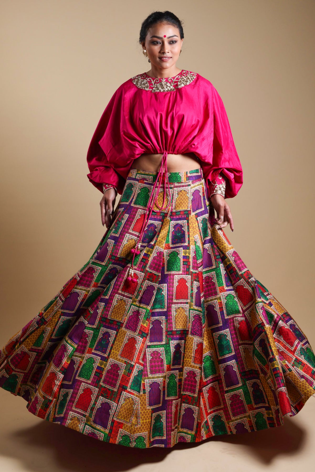 Neelam - Pink Mirror Work Blouse With Buuti Print Lehenga