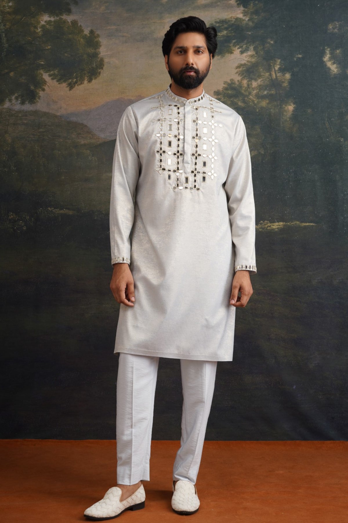 Nishchay Ice Grey Gold Hand Embroidered Kurta Set