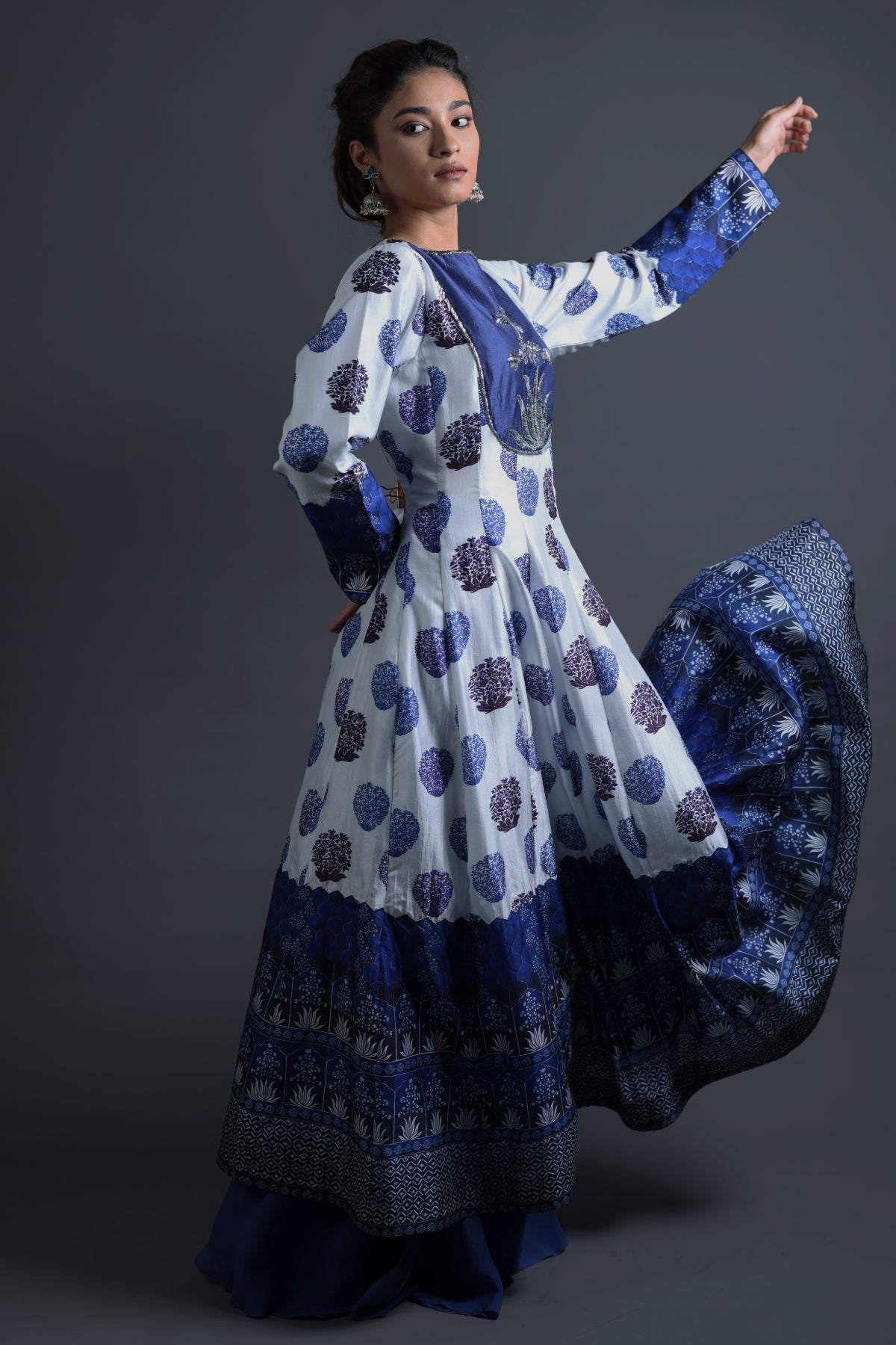Nitya - Blue Hand-Embroidered Kalidar Anarkali With Sharara & Dupatta
