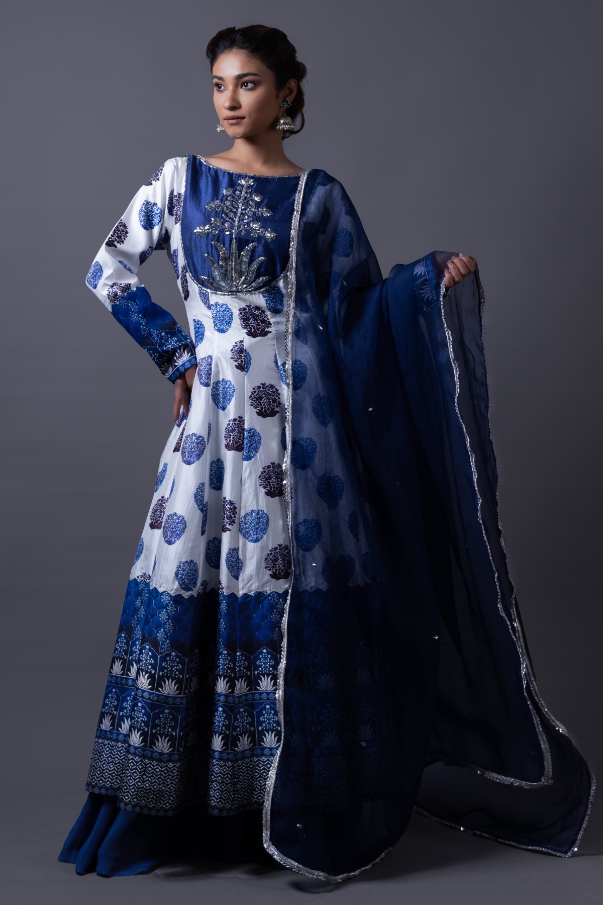 Nitya - Blue Hand-Embroidered Kalidar Anarkali With Sharara & Dupatta