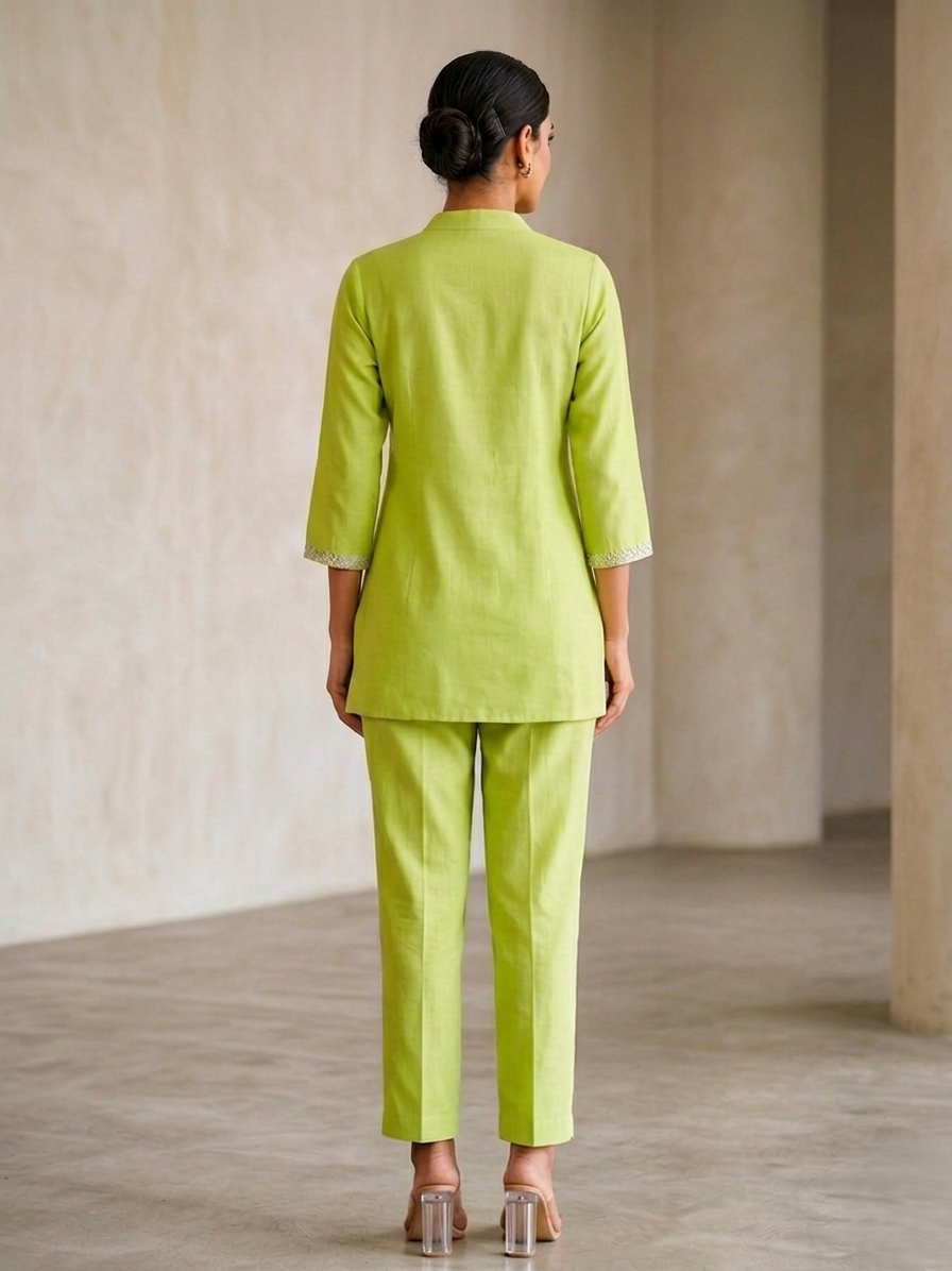 Sunline Olive Green Hand-Embroidered Cotton Co-ord Set