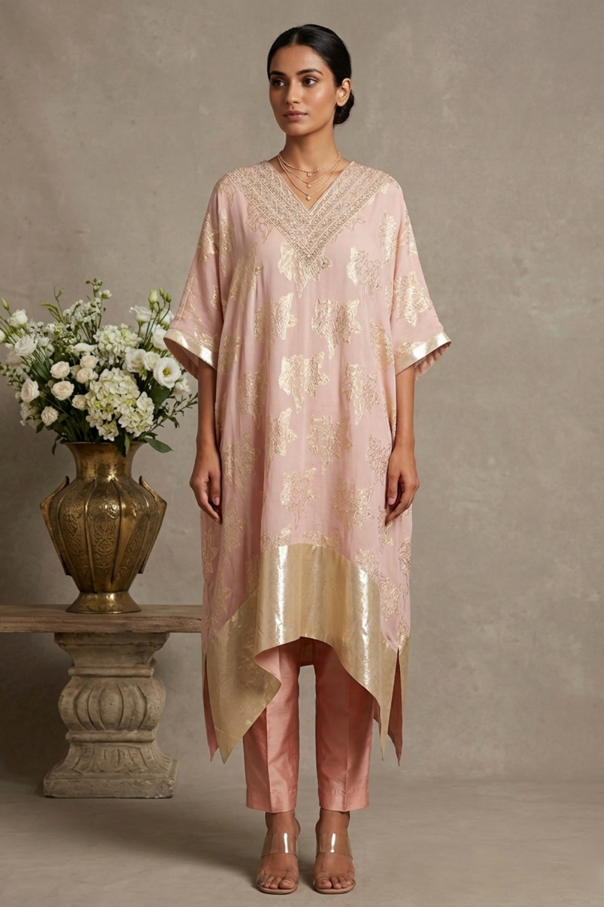 Coral Dusk- Onion Pink Hand-Embroidered Chanderi Silk Kaftan Set