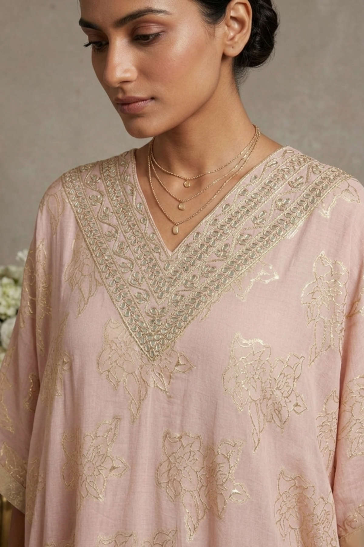 Coral Dusk- Onion Pink Hand-Embroidered Chanderi Silk Kaftan Set