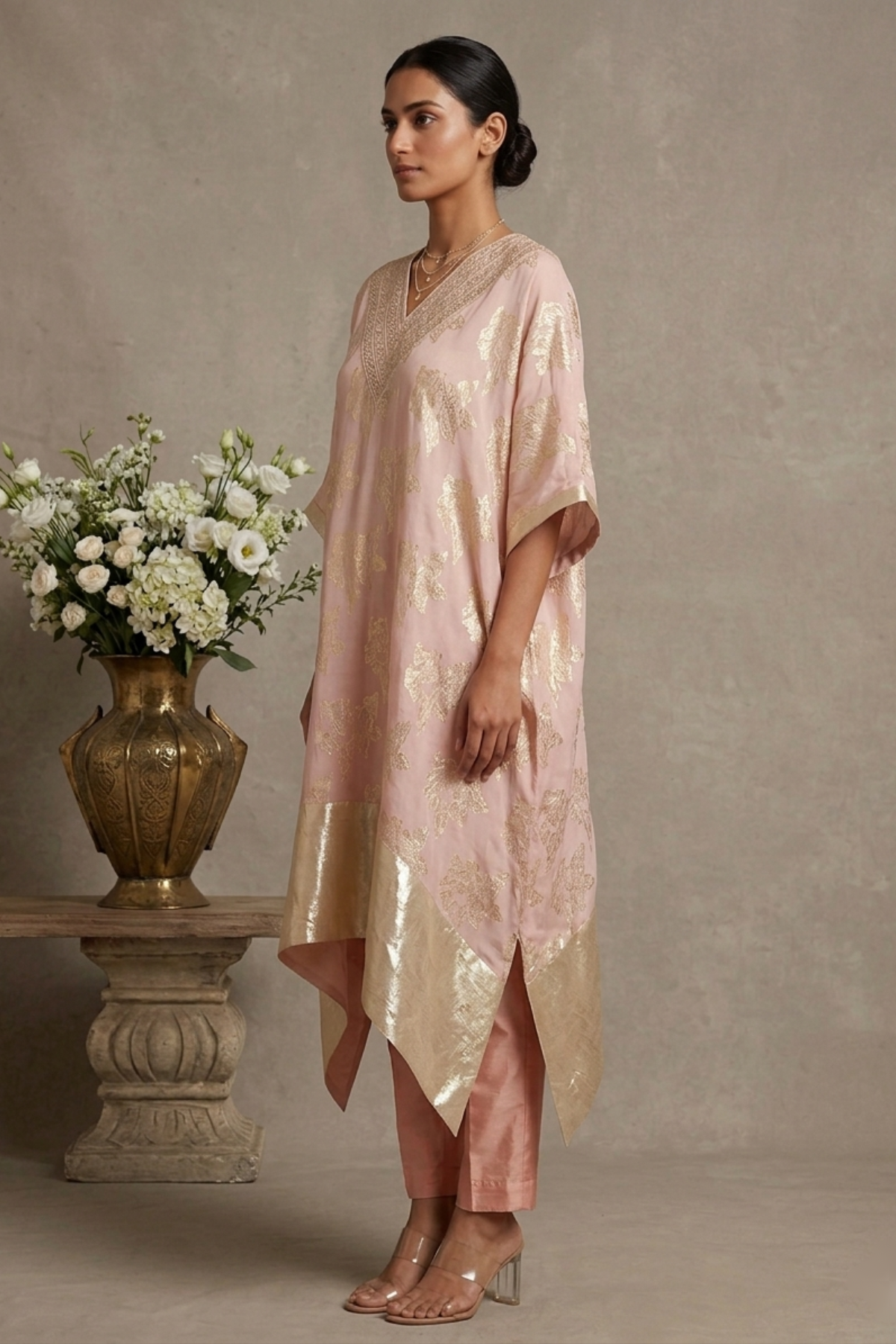 Coral Dusk- Onion Pink Hand-Embroidered Chanderi Silk Kaftan Set