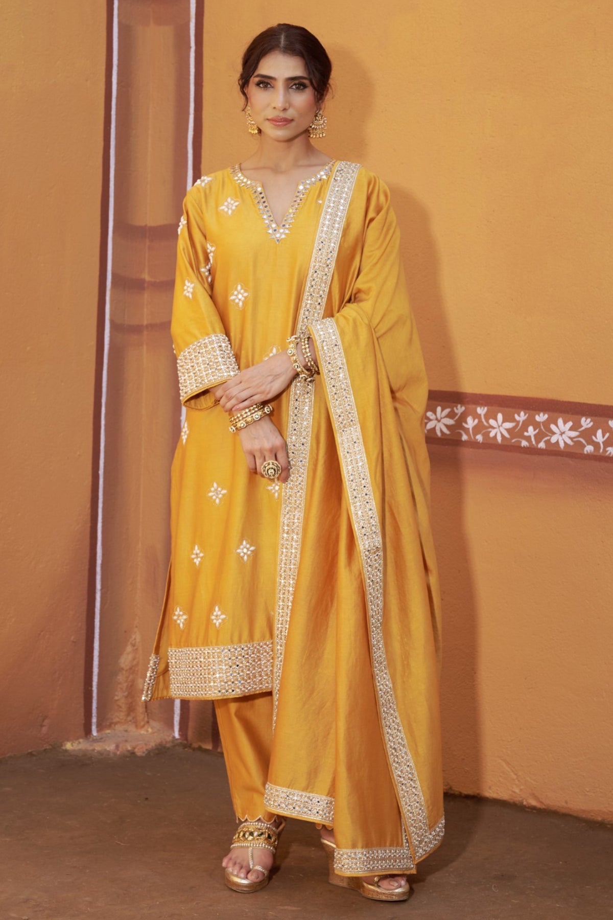 Peetambara Yellow Gold Embroidered Cutwork Mori Kurta Set