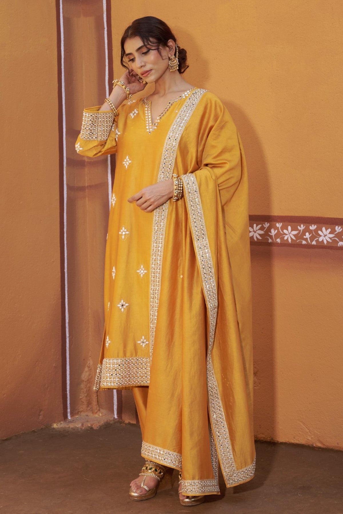 Peetambara Yellow Gold Embroidered Cutwork Mori Kurta Set