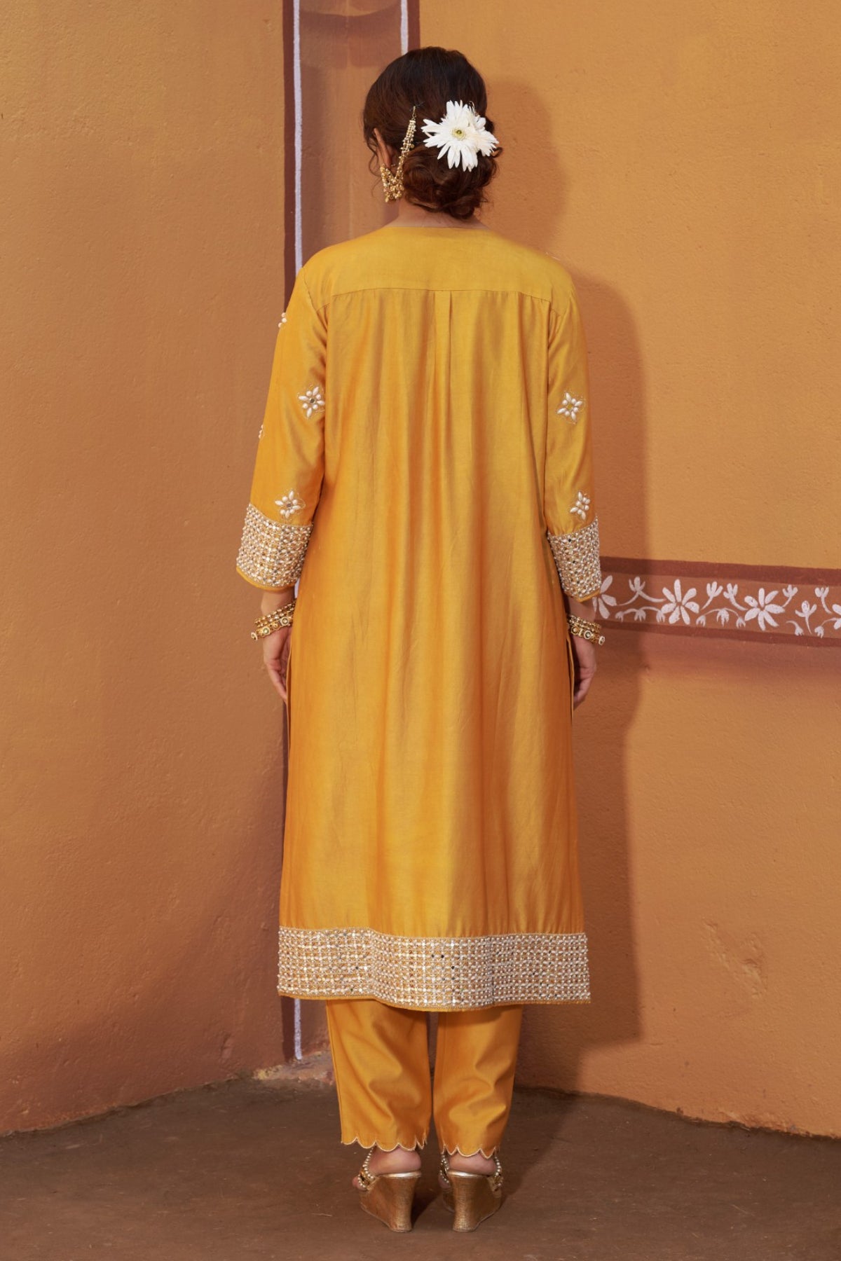Peetambara Yellow Gold Embroidered Cutwork Mori Kurta Set