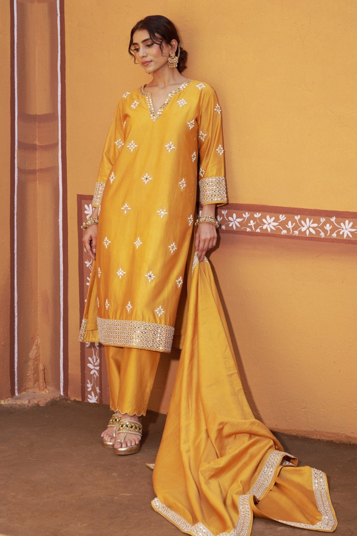 Peetambara Yellow Gold Embroidered Cutwork Mori Kurta Set