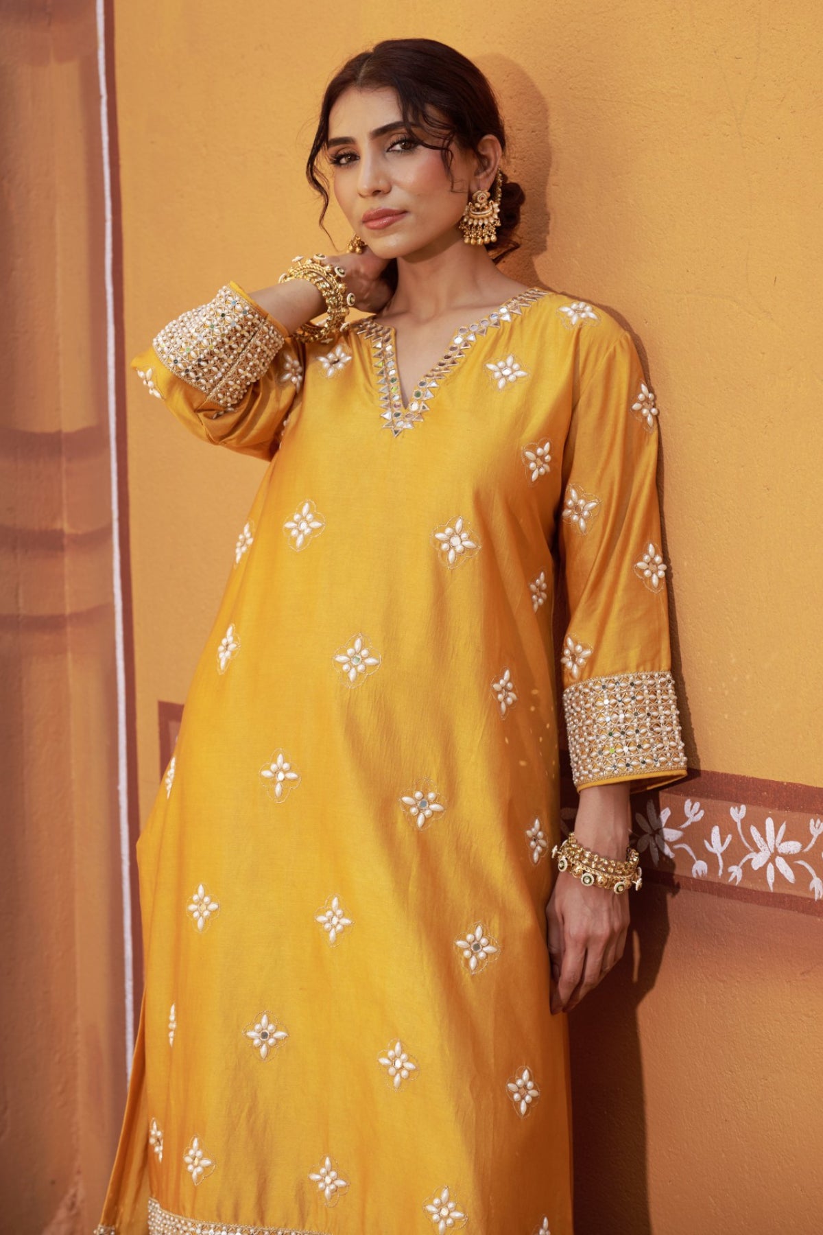 Peetambara Yellow Gold Embroidered Cutwork Mori Kurta Set