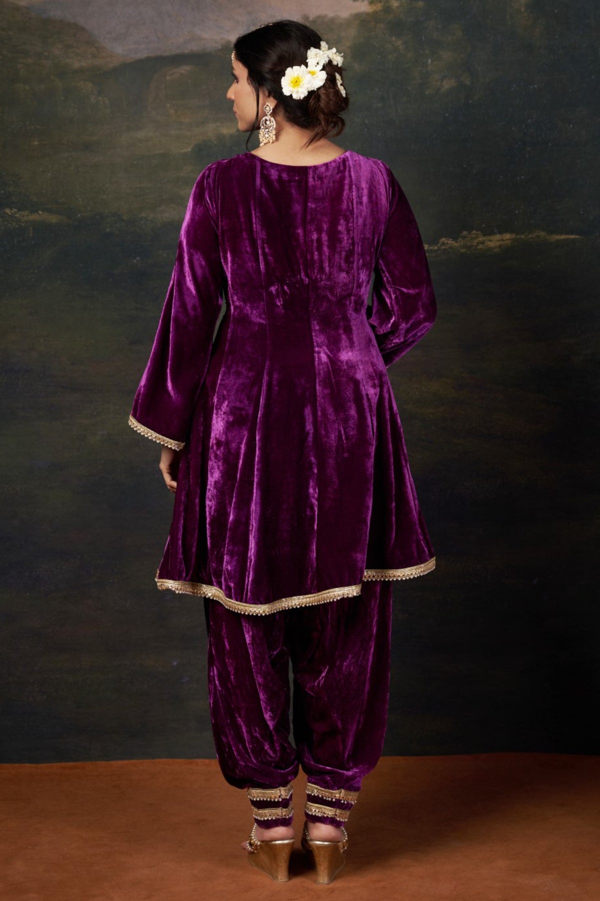 Meher - Purple Hand-Embroidered Velvet Kalidar Anarkali Set