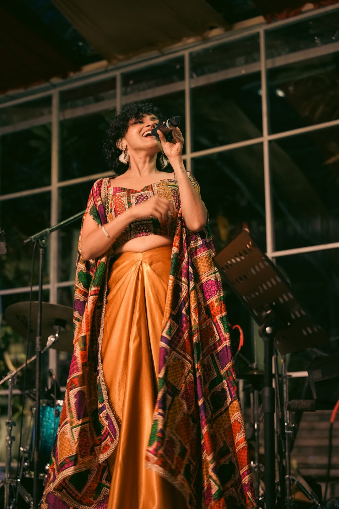 Maalavika Sundar at Concert in our Liquid Gold Cape & Dhoti Set