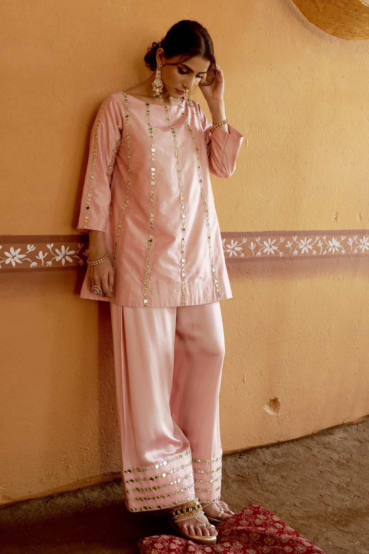 Roop Pink Short Kurta With Broad Pleated Pant Set