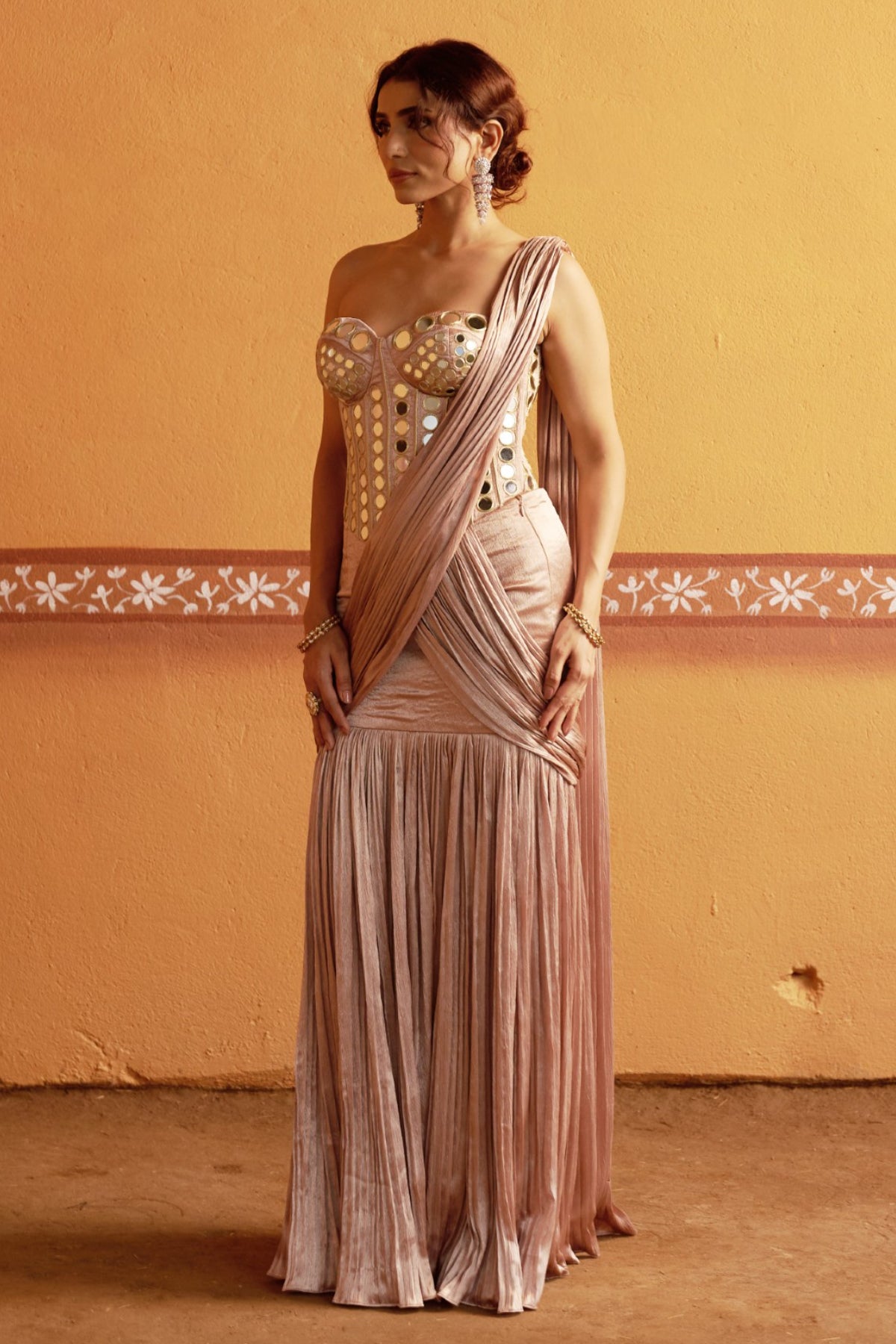 Roopaantar - Blush Pink Mirror Work Hand-Embroidered Corset Blouse with Lehenga Saree