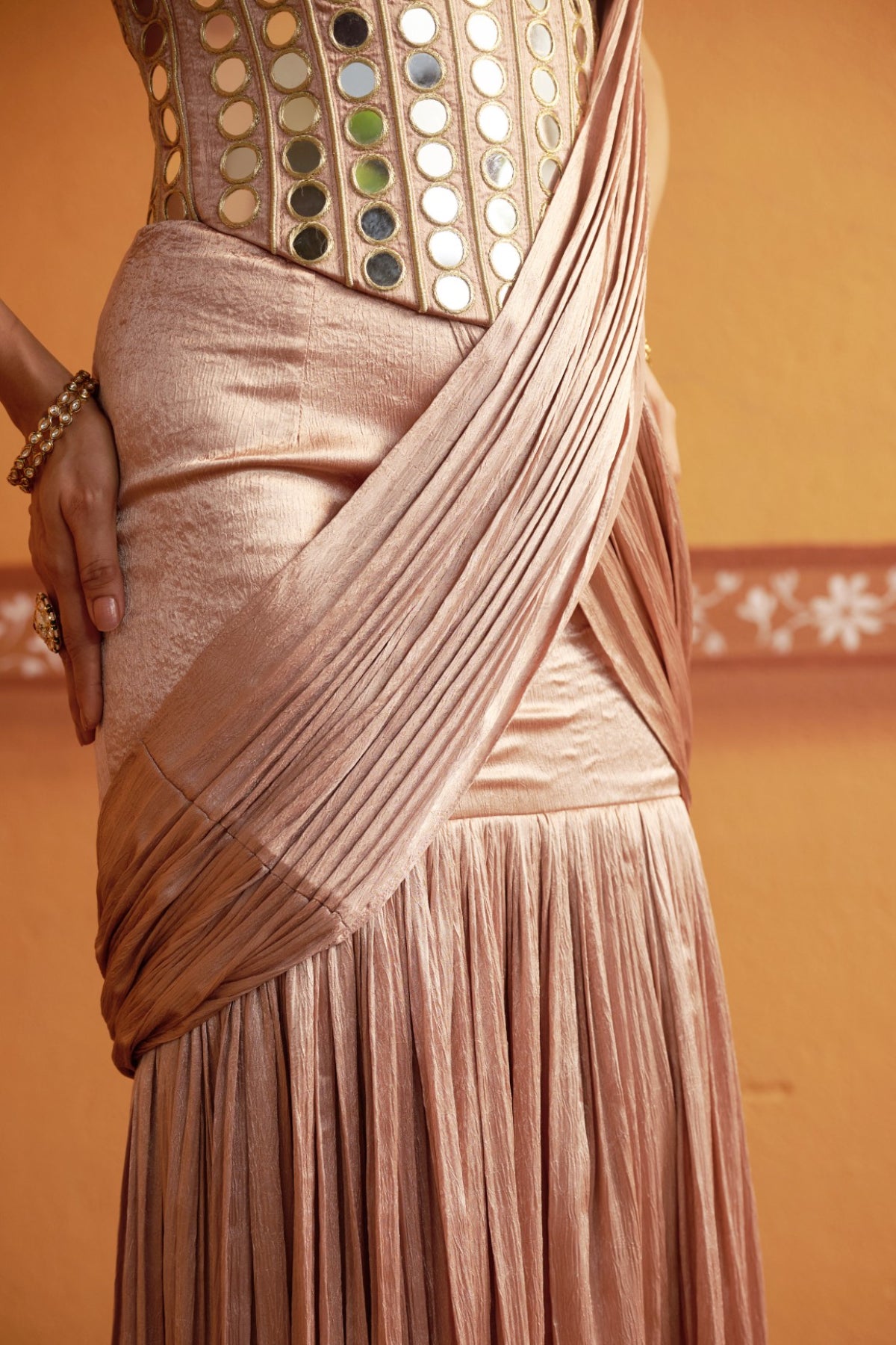 Roopaantar - Blush Pink Mirror Work Hand-Embroidered Corset Blouse with Lehenga Saree