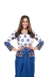 Celebrity Pratibha Singh in our Neeli Buuti Pre draped Jacket saree