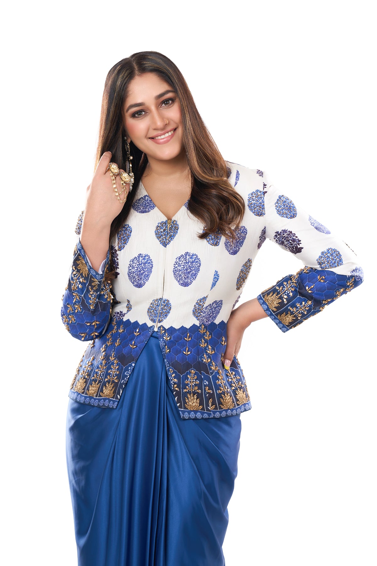 Pratibha Singh in the Neeli Buuti Blue Pre-Draped saree with hand embroidered Jacket