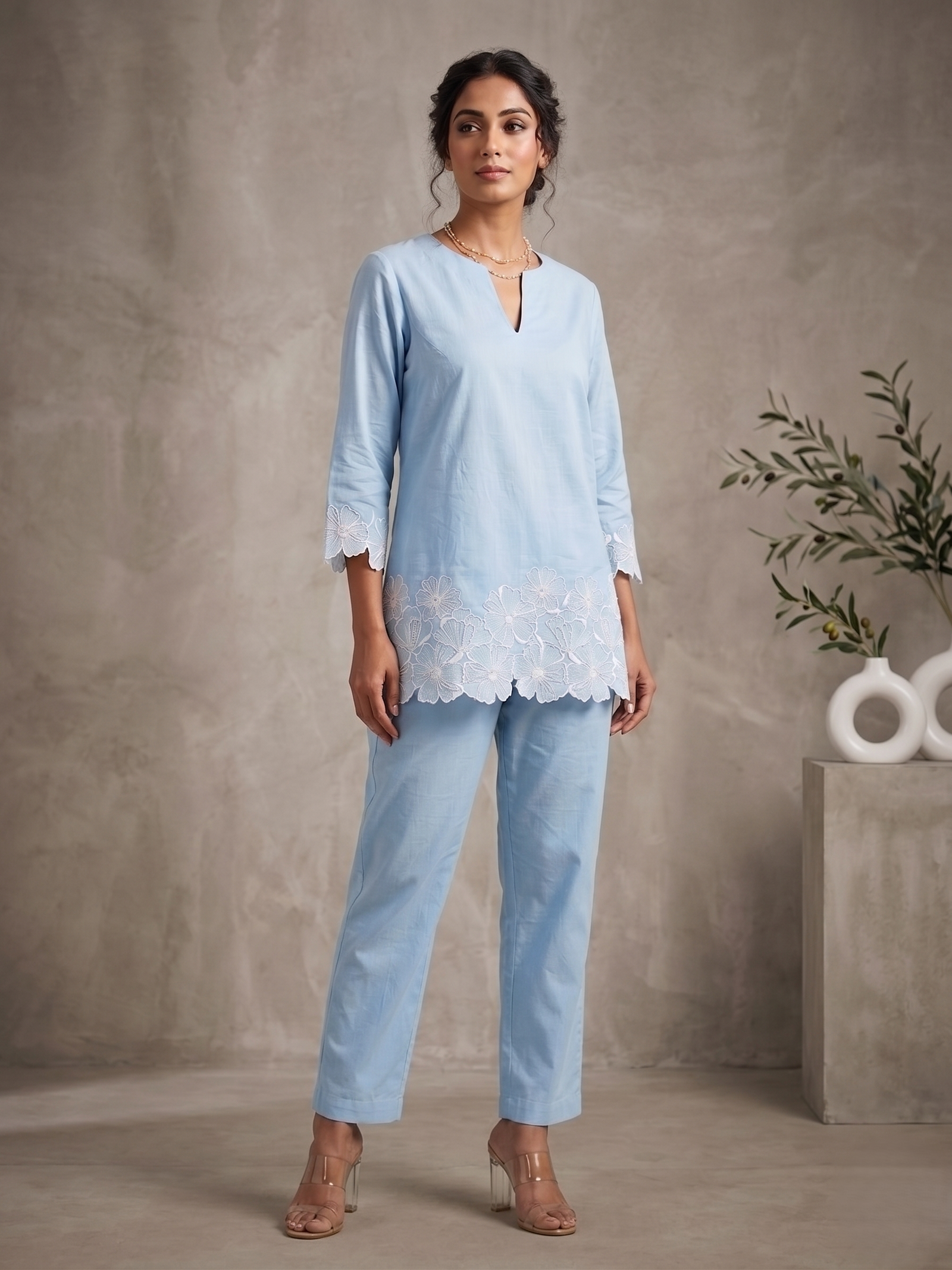 Azure Sky Blue Hand-Embroidered Cotton Co-ord Set