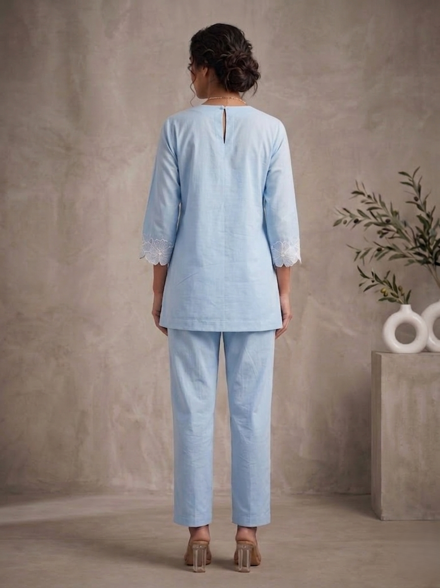 Azure Sky Blue Hand-Embroidered Cotton Co-ord Set