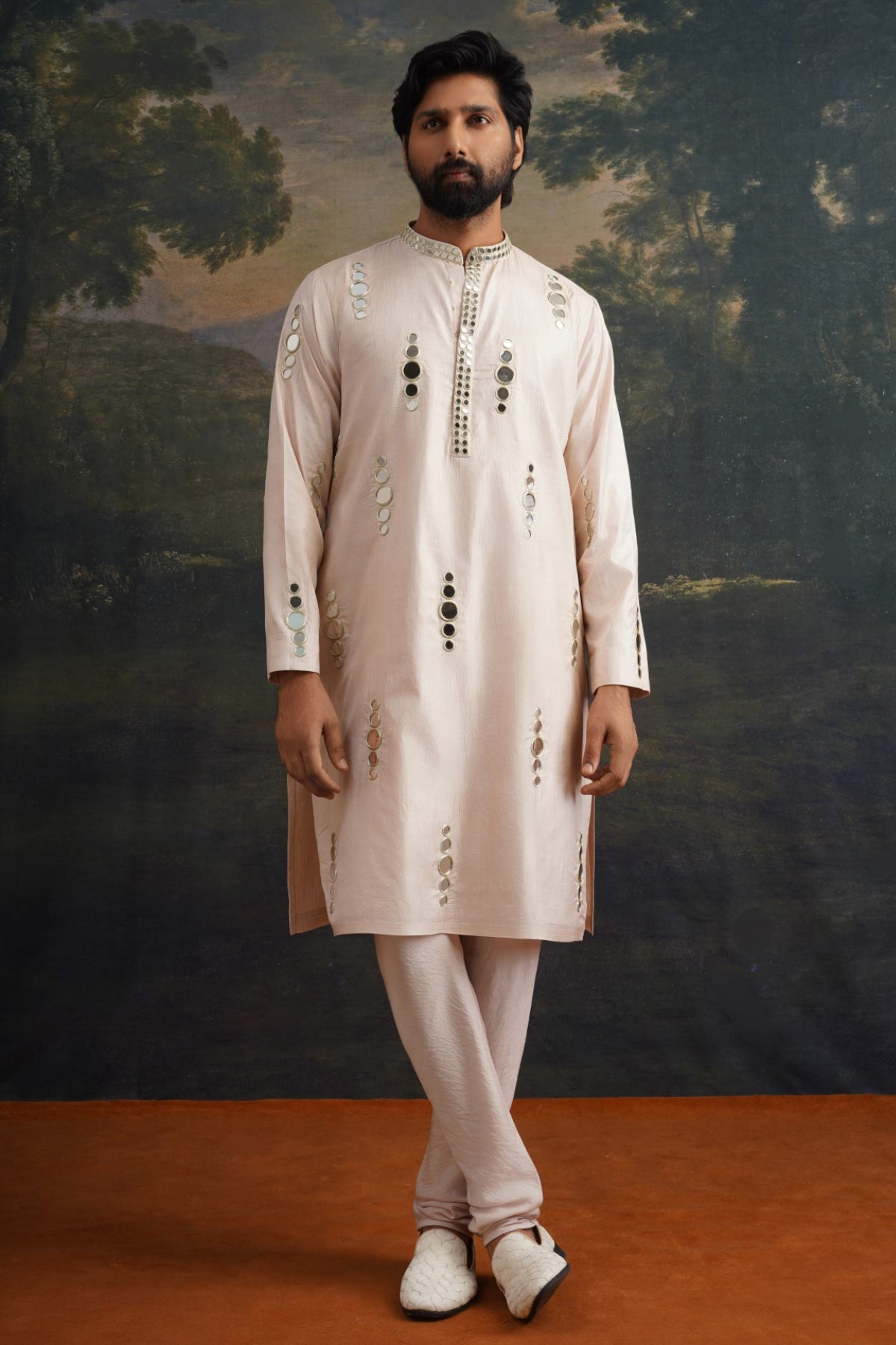 Sthir Beige Hand Embroidered Mirror Work Kurta With Matching Pant