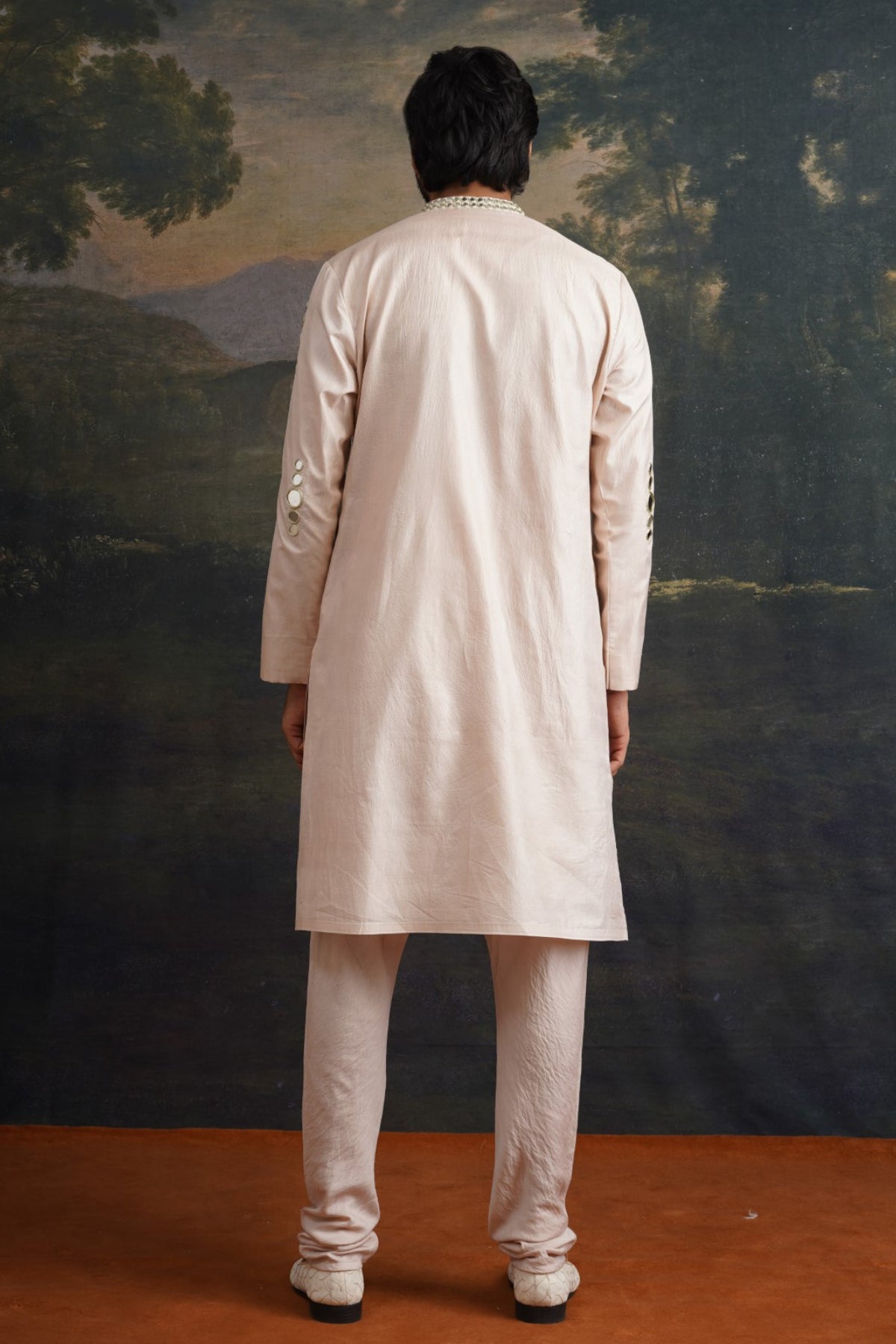 Sthir Beige Hand Embroidered Mirror Work Kurta With Matching Pant