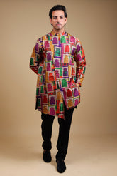 Stylish Jharoka Print Asymmetrical Kurta With Pants