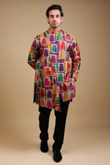 Stylish Jharoka Print Asymmetrical Kurta With Pants