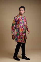 Stylish Jharoka Print Asymmetrical Kurta With Pants