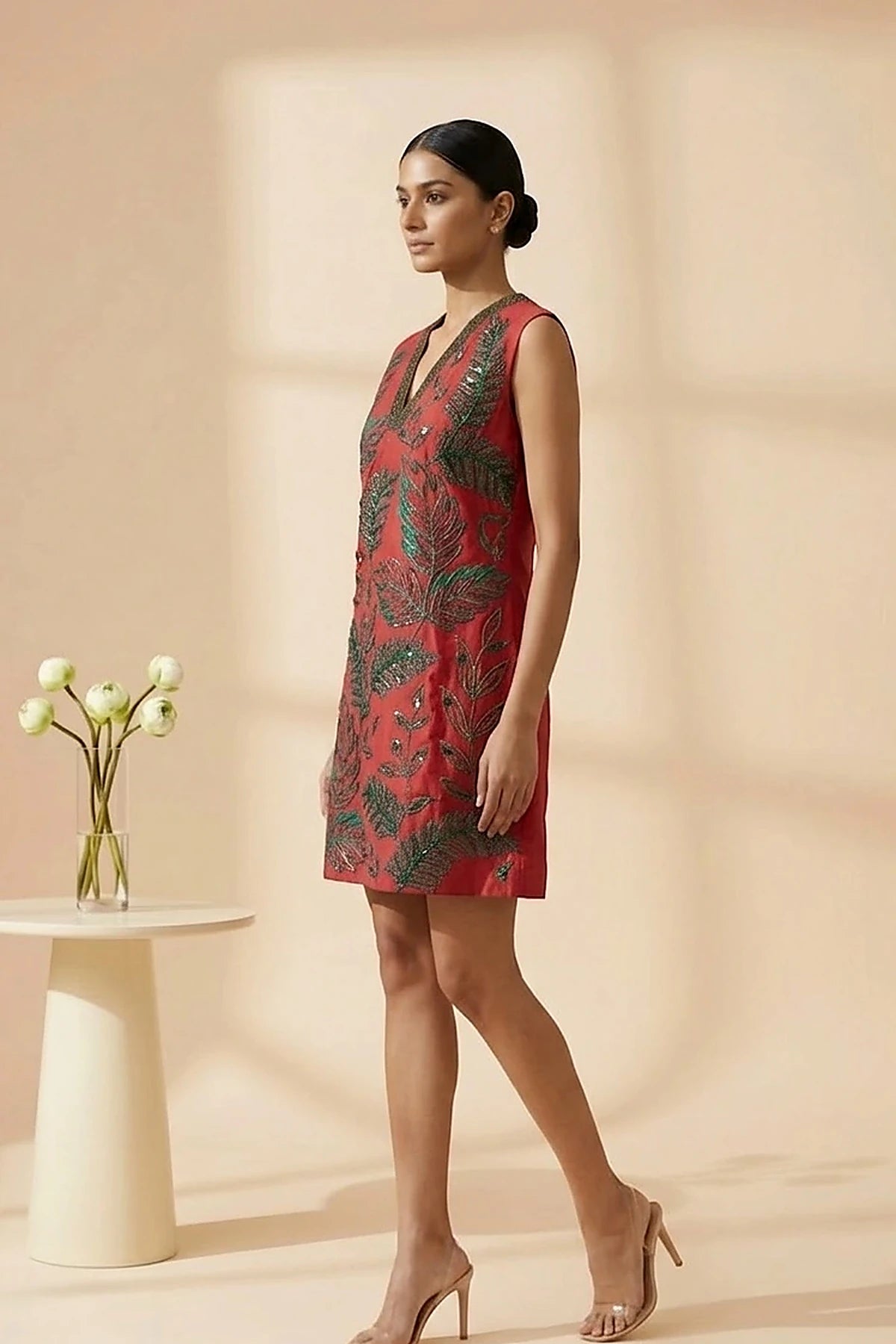 Viva - Red Hand-Embroidered Botanical Chanderi Cotton Mini Dress